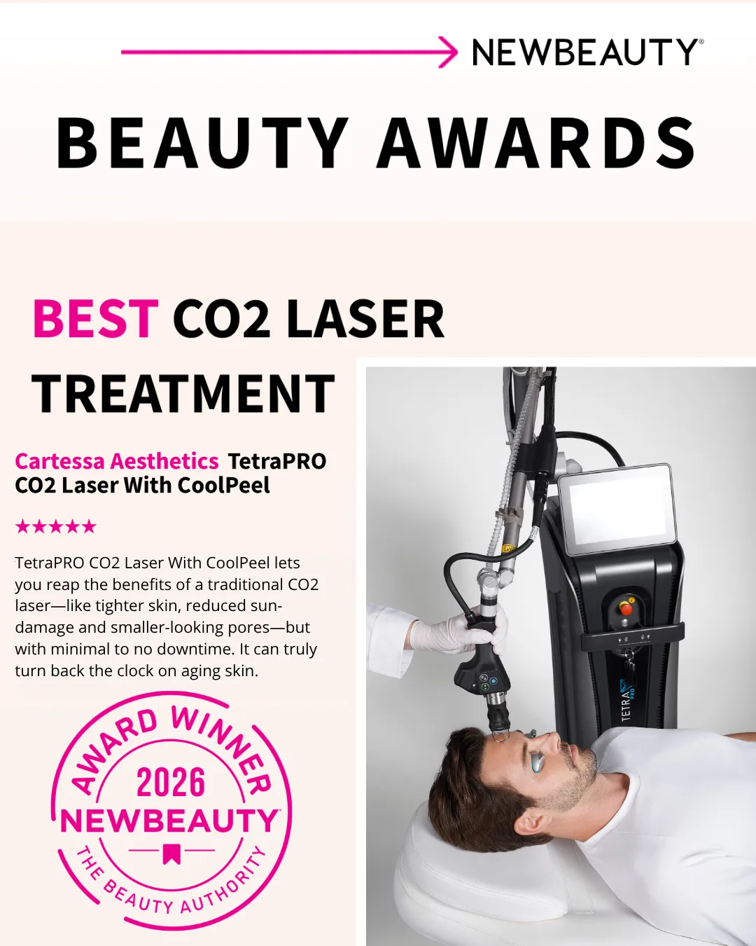 NewBeauty 2026 Beauty Awards — Best CO2 Laser Treatment, Cartessa TetraPRO CO2 with CoolPeel